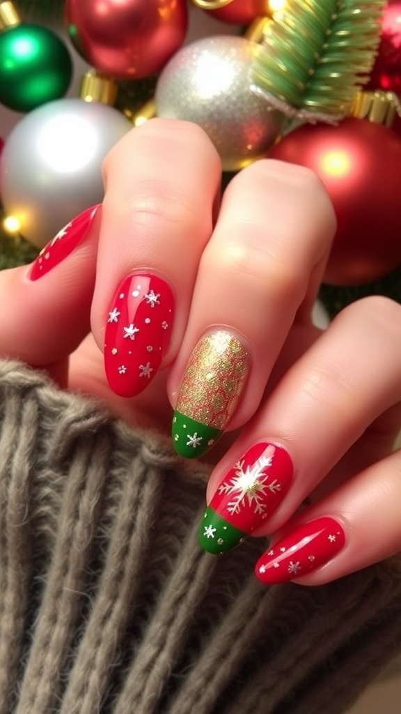 Elegant oval Christmas nails with red and green polish, snowflake designs, and glitter.